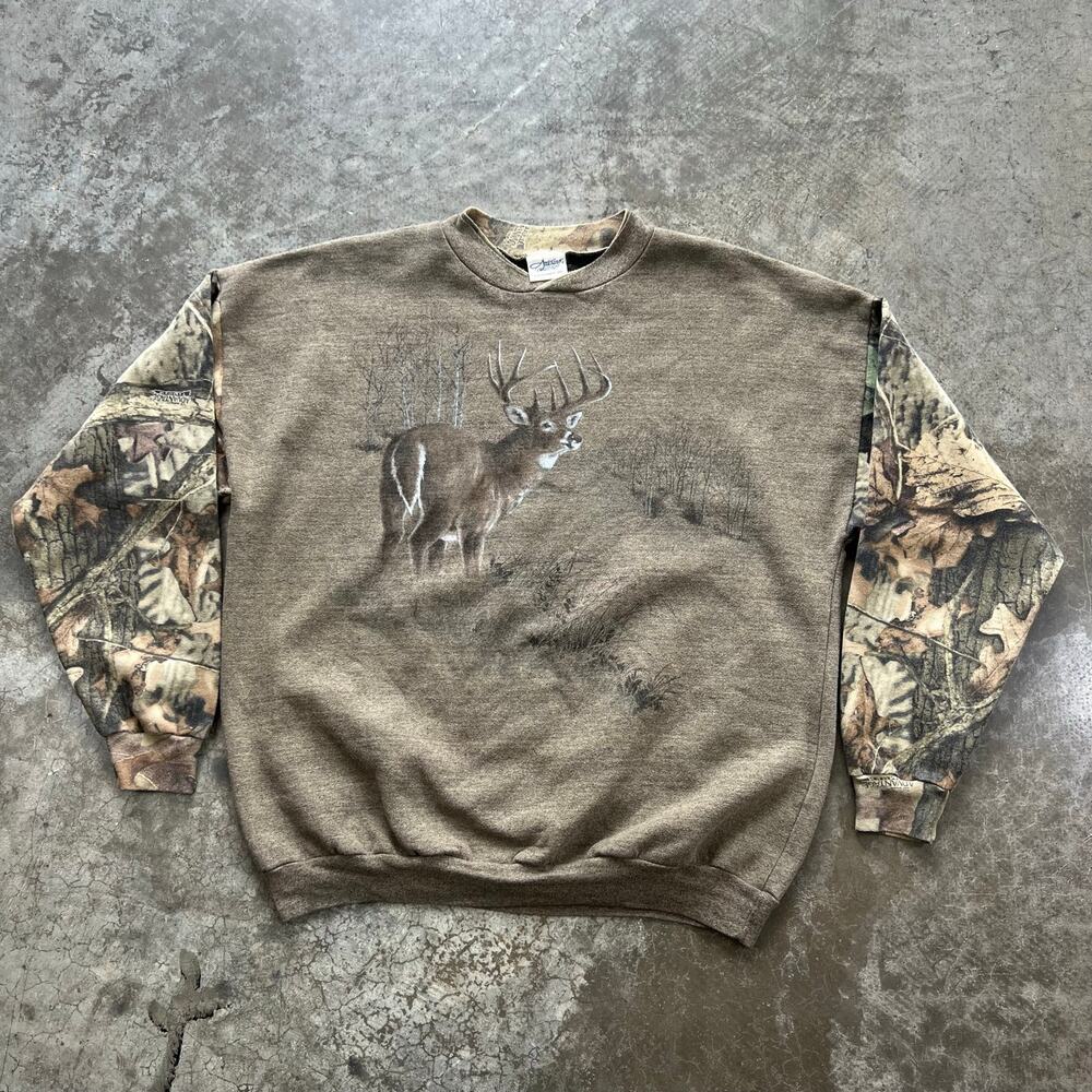 Vintage Deer Graphic Camo Sleeve Crewneck Sweatshirt USA Made XL